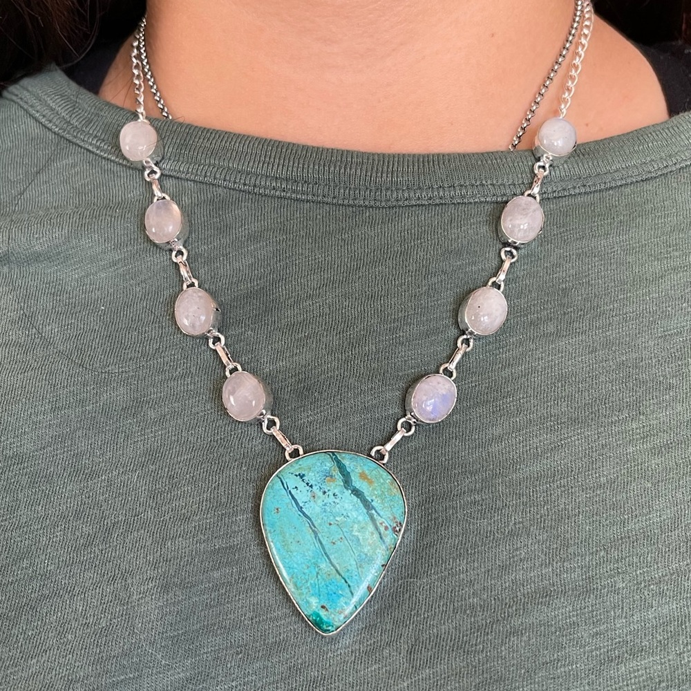 Chrysocolla and rainbow moonstone necklace